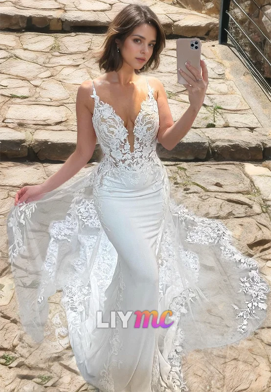 Affordable Women's Garments LW469 - Mermaid V-Neck Spaghetti Straps Lace Appliques Wedding Dress With Court Train