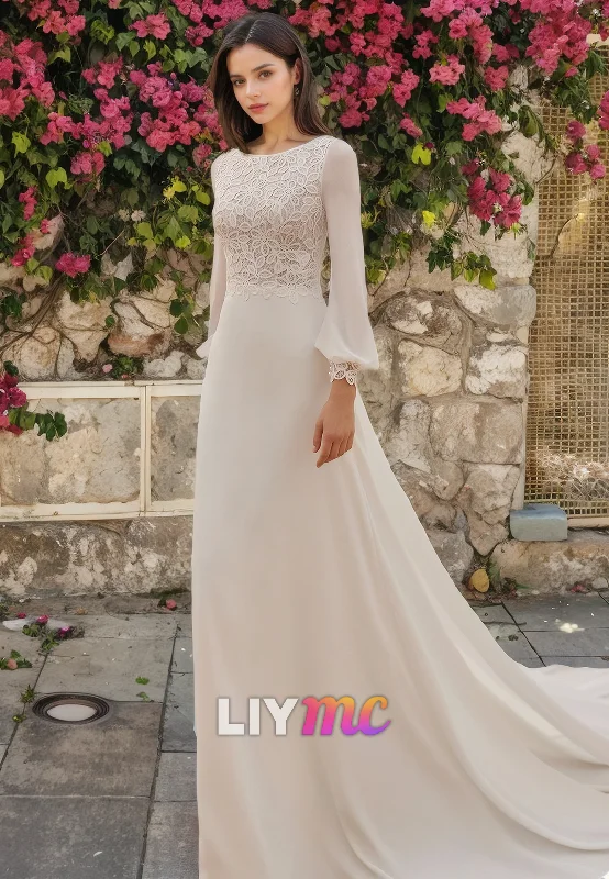 Women's Stylish Vacation Attire LW488 - Sheath Round Long Sleeves Appliques Cut-Outs Floor-Length Wedding Dress With Sweep Train