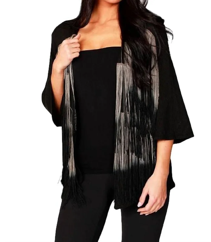 Women's Outdoor Attire Layered Fringe Cardigan In Black/taupe