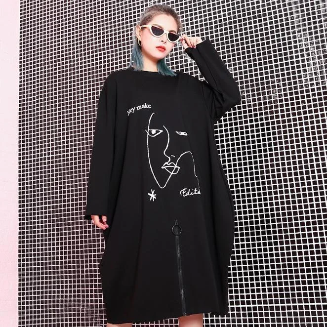 Women's Trendy Outfit stylish black natural oversized linen cotton dress zippered baggy 2018 O neck midi dress