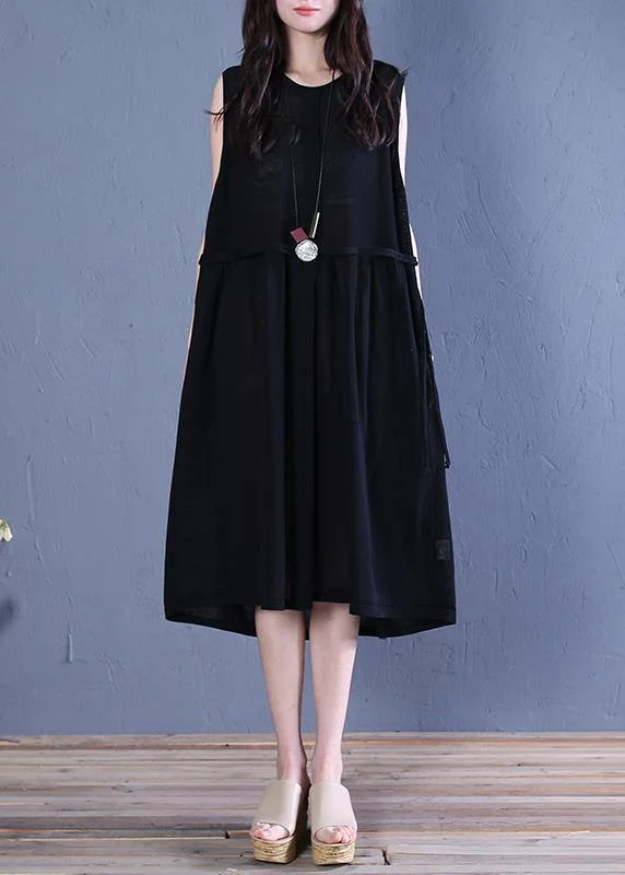 Women's Formal Event Outfit Handmade black linen clothes o neck patchwork shift summer Dresses