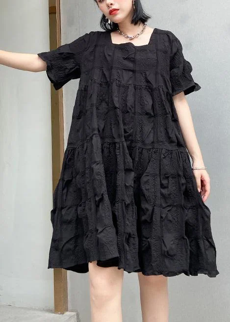 Women's Party Outfit Style black Cotton tunic dress Square Collar Cinched oversized summer Dresses