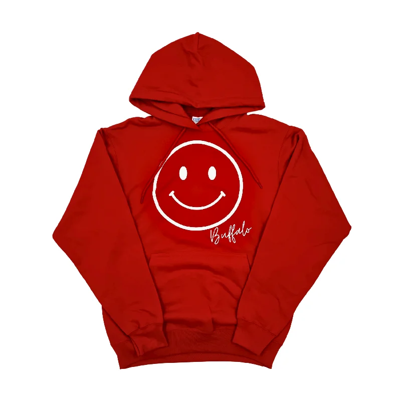 Stylish Women's Outfit Smiley Face With Buffalo Wordmark Red Hoodie