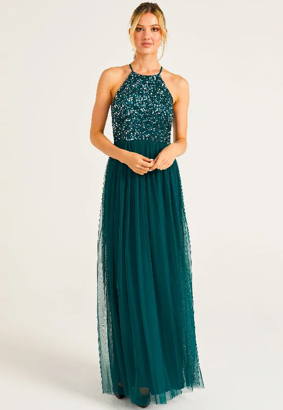 Elegant Women's Attire Embellished Halter Neck Maxi Dress in Emerald Green