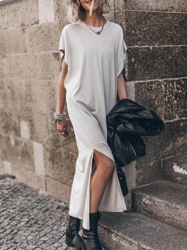 Women's Casual Outfit Effortless Open Sleeve Slit Graceful Oversized T-shirt Midi Dress