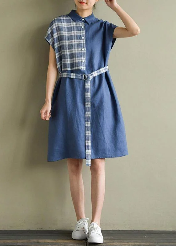 Women's Effortless Casual Outfit Beautiful lapel tie waist linen dresses Cotton blue Plaid Dress summer