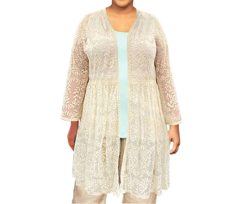 Plus-Size Women's Garments Long Sleeve Mesh Lace Betty Duster - Plus In Beige Floral