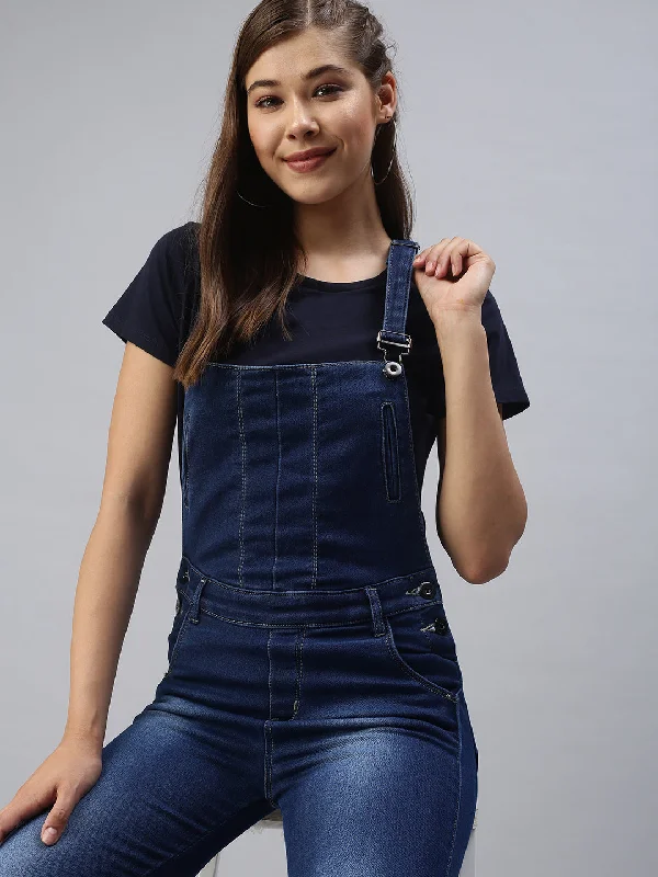 Women's Travel Attire Women Solid Blue Denim Dungaree-CR-7240-Blue