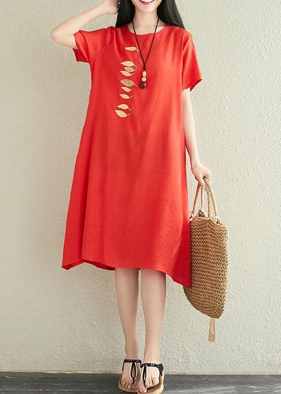 Women's Athletic Garments Modern red linen dress o neck embroidery Midi summer Dress