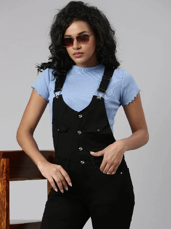 Elegant Women's Attire Women Denim Solid Black Dungaree-CR-1200-Black