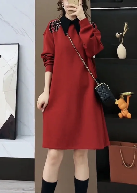 Women's Professional Outfit French Mulberry Peter Pan Collar Patchwork Cotton Sweatshirts Dress Spring