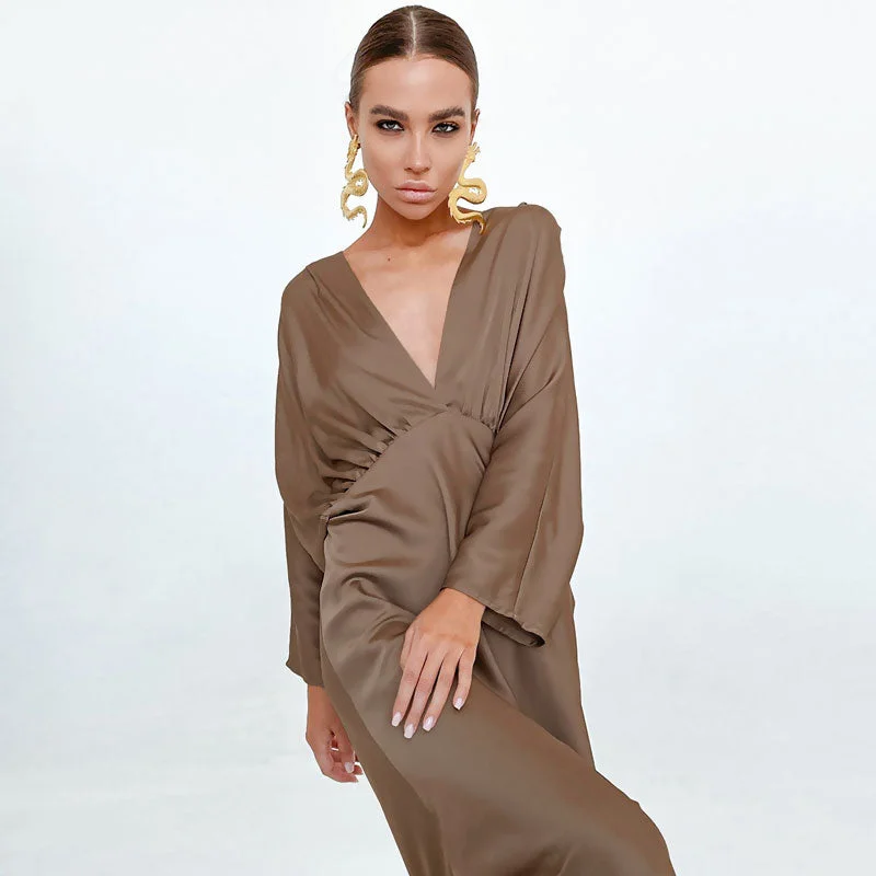 Modern Women's Attire French Style Ruched Deep V Batwing Sleeve Split Cocktail Maxi Dress - Brown