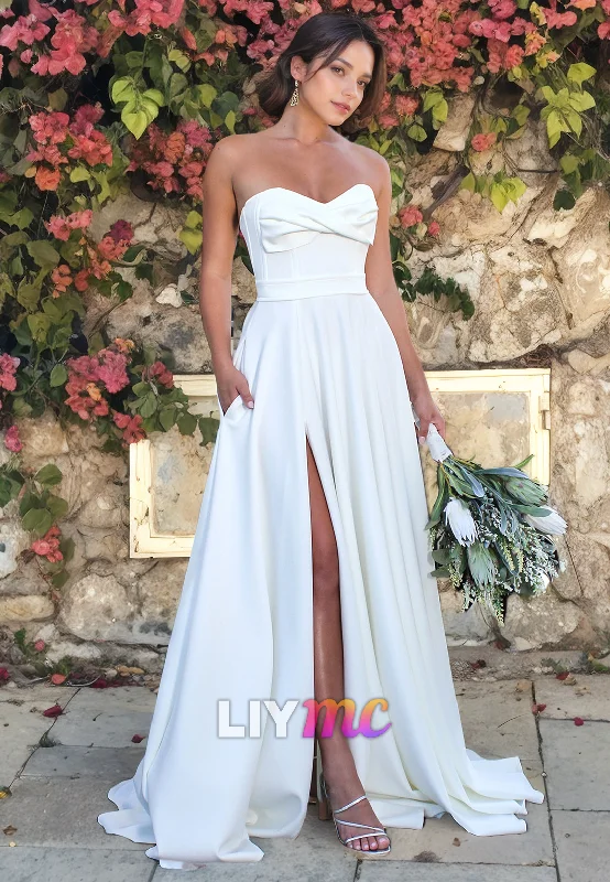 Women's Outerwear Garments LW065 - Simple A Line Sweetheart Strapless Ruched Satin Long Wedding Dress