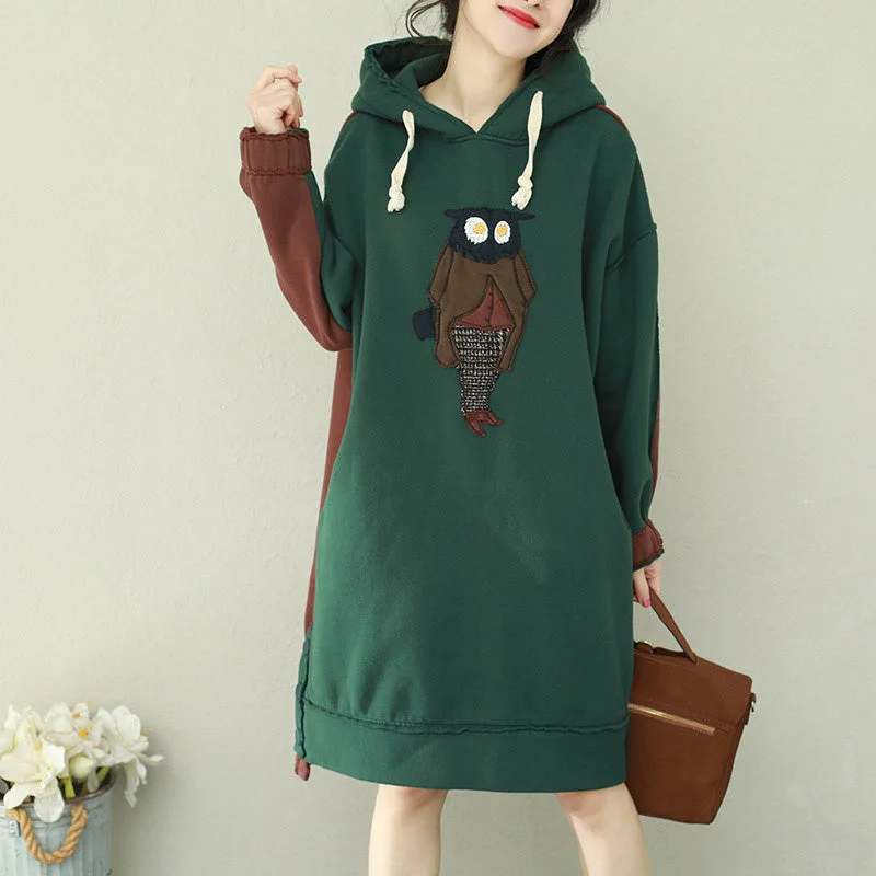 Women's Activewear Outfit Loose green patchwork red Cotton Tunics Organic Runway hooded loose Dress