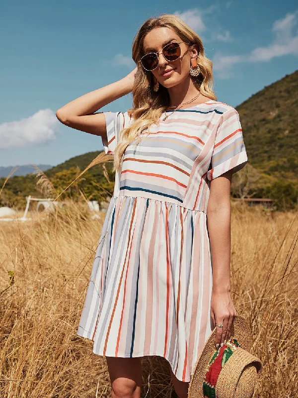 Women's Casual Garments KittenAlarm - Loose Short-sleeved Mid-length Round Neck Casual Striped Dress