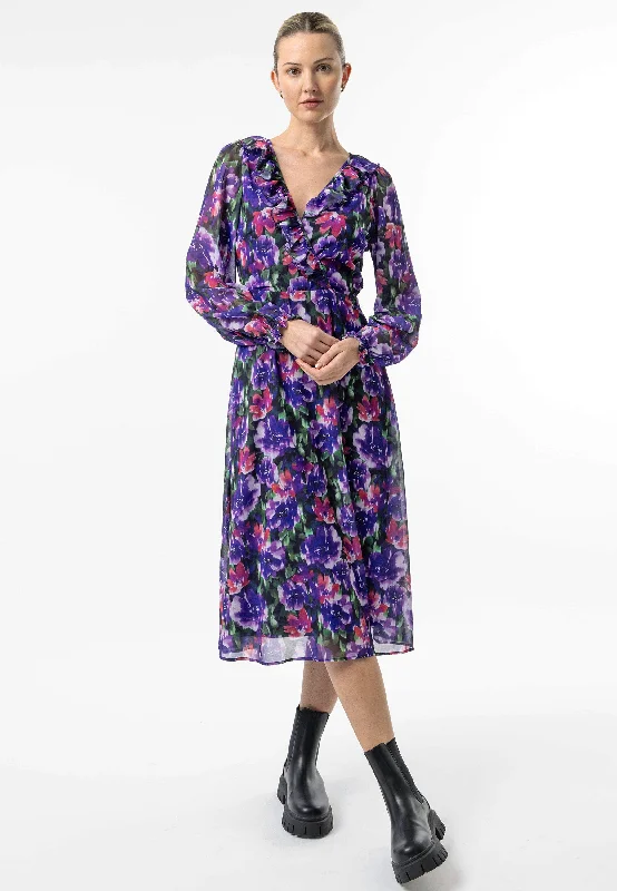 Formal Attire For Women Faux Wrap Ruffle Detail Midi Dress in Purple Floral Print