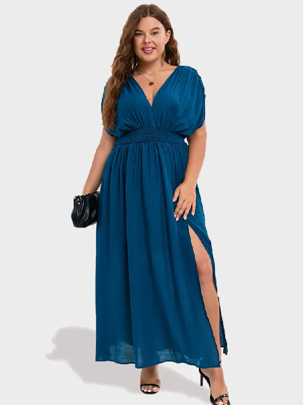 Women's Cozy Outfit For Lounging V-Neck Dolman Sleeve Ruched Split Pocket Maxi Dress