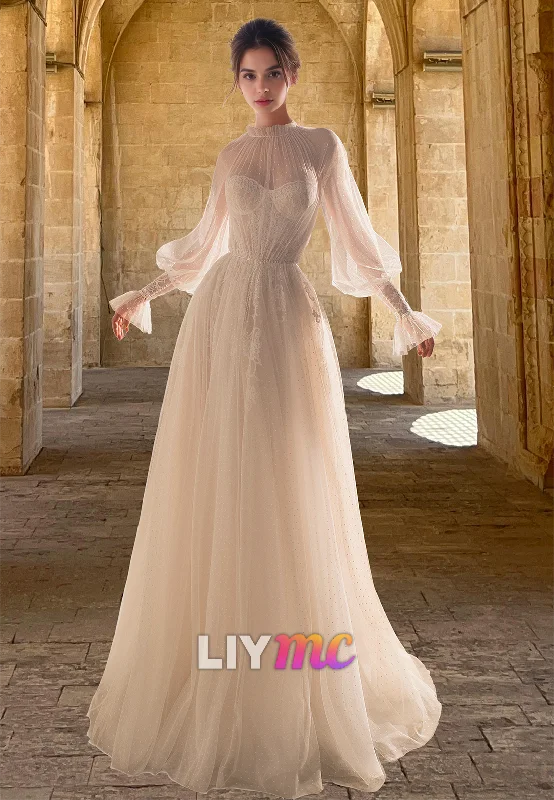 Women's Classic Outfit LW088 - Elegant A Line High Neck Long Sleeves Sheer Lace Tulle Long Wedding Dress