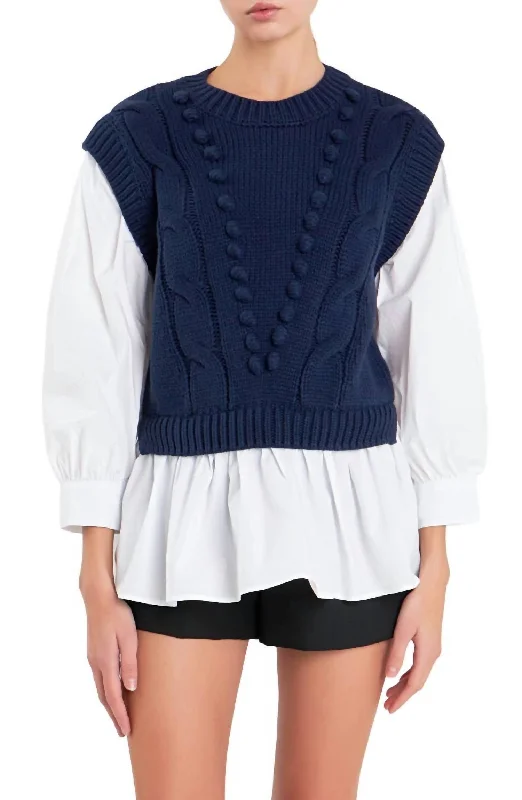 Women's Comfortable Lounge Attire Mix Media Cable Sweater In Navy/white