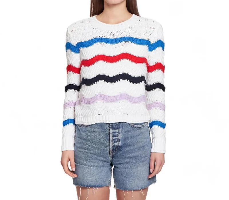 Women's High-Fashion Attire Wavy Stripe Crew Sweater In White Brights