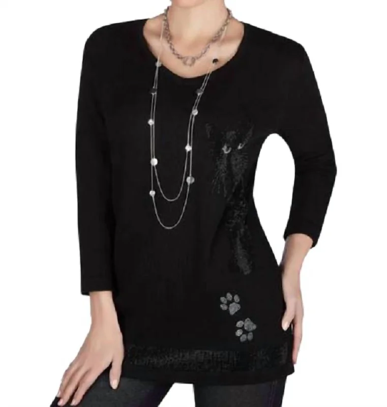 Chic Women's Attire Rhinestone Cat Sweater In Black