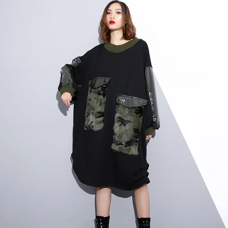 Women's Resort Garments women black Loose fitting fall dresses patchwork fine O neck cotton dress