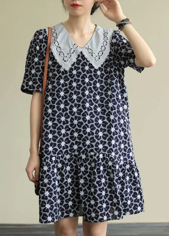 Women's Chic Outfit Classy navy print Cotton patchwork short sleeve baggy Dresses