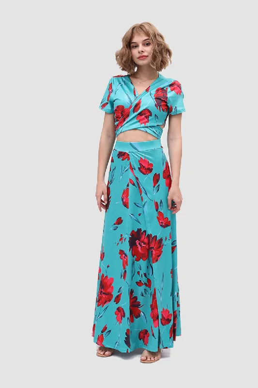 Women's Travel Attire V-neck Allover Floral Side Slit Two-Piece Dress