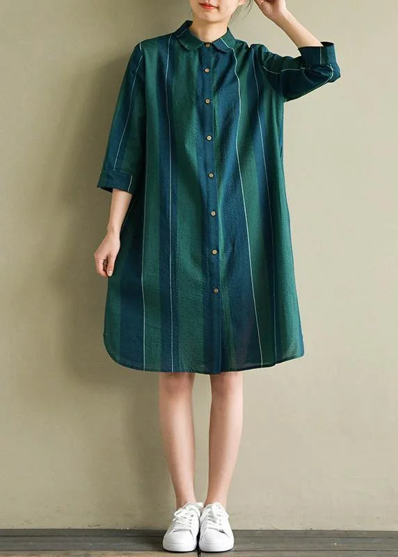 Women's High-Fashion Outfit Unique blue green striped Cotton dresses lapel side open summer Dress