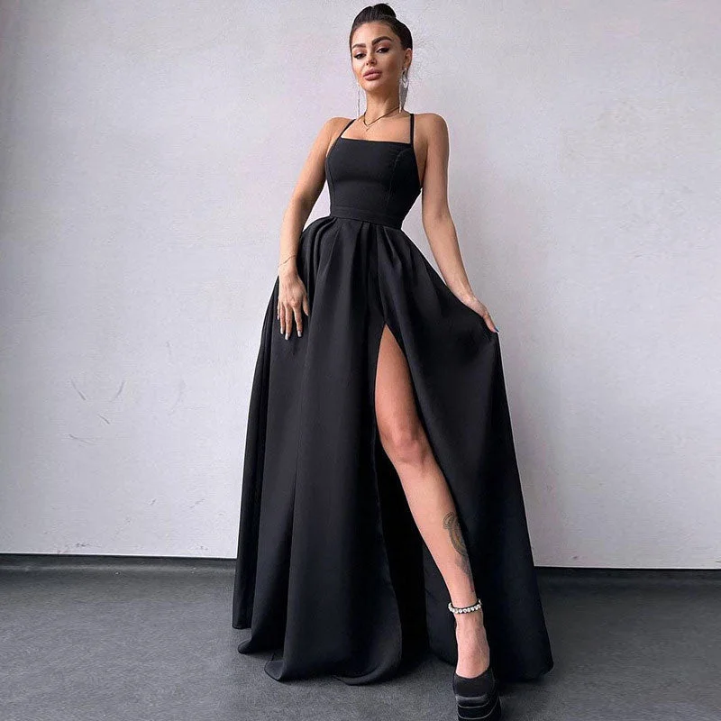 Women's Comfortable Lounge Attire Solid Color High Split Lace Up Back Sleeveless Prom Maxi Dress - Black