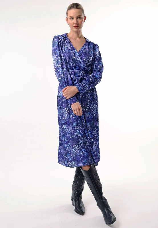 Women's Chic Outerwear Outfit Collared Faux Wrap Midi Dress with Tie Waist in Blue Multi Print