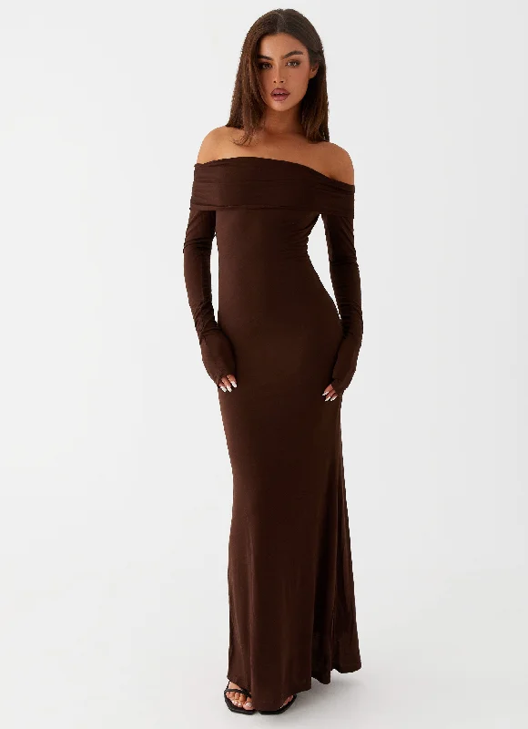 Women's Formal Event Attire Cocoa Long Sleeve Maxi Dress - Chocolate