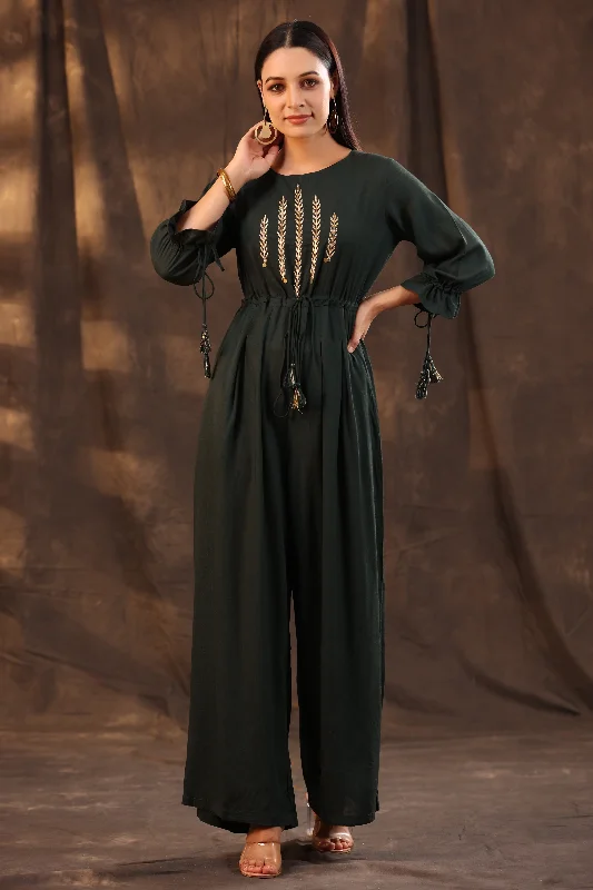 Women's Chic Outerwear Outfit Juniper Jade Green Ethnic Motif Printed Rayon Slub Jumpsuit With Zari Work Embroidery