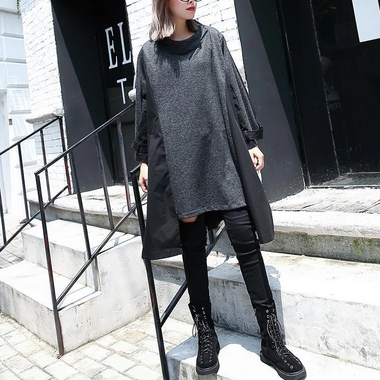 Women's Office Outfit New gray 2018 fall dress Loose fitting traveling clothing asymmetric Elegant O neck patchwork dresses