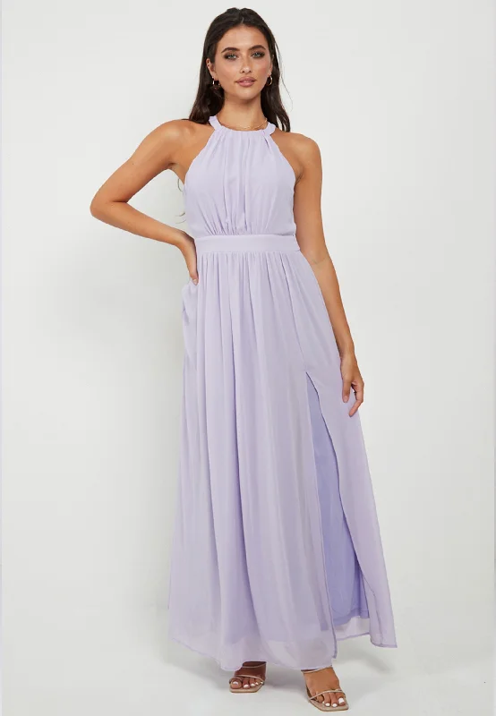 Women's Night-Out Outfit Halter Neck Maxi Dress With Leg Slit In Lavender