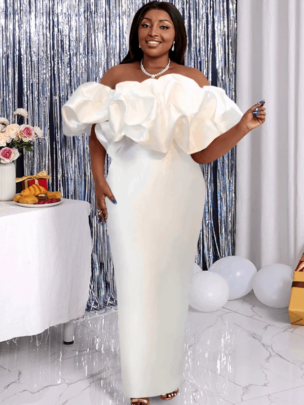 Women's Plus-Size Garments AOMEI  White Off Shoulder Ruffles Long Wedding Dress