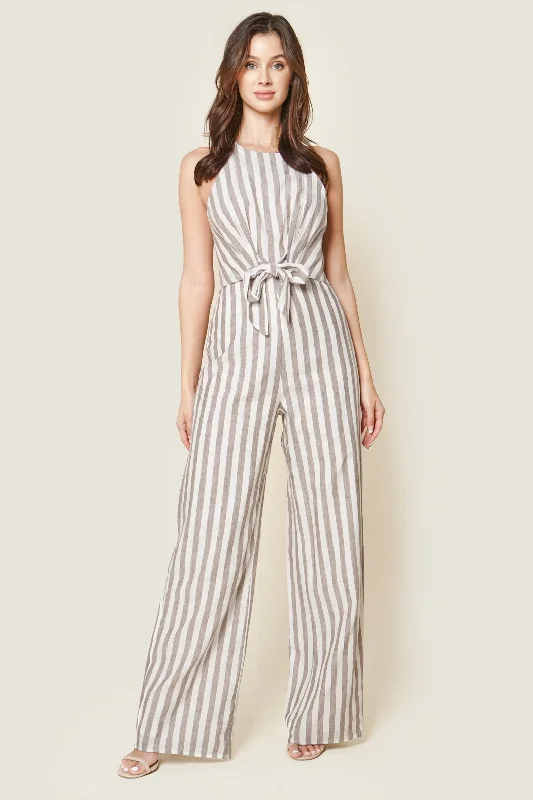 Women's Evening Wear Outfit Livie Stripe Tie Front Halter Jumpsuit