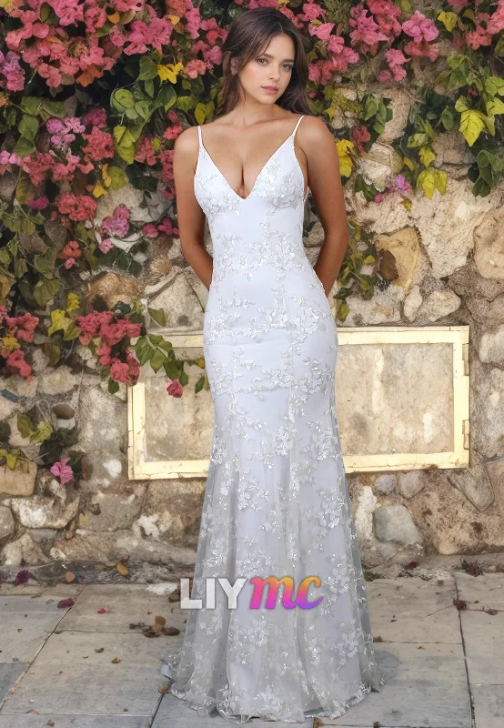 Affordable Women's Attire LW077 - Mermaid/Trumpet V Neck Floral Lace Satin Long Wedding Dress