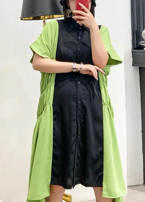 Formal Garments For Women Unique lapel Cinched Robes pattern black patchwork green Dress