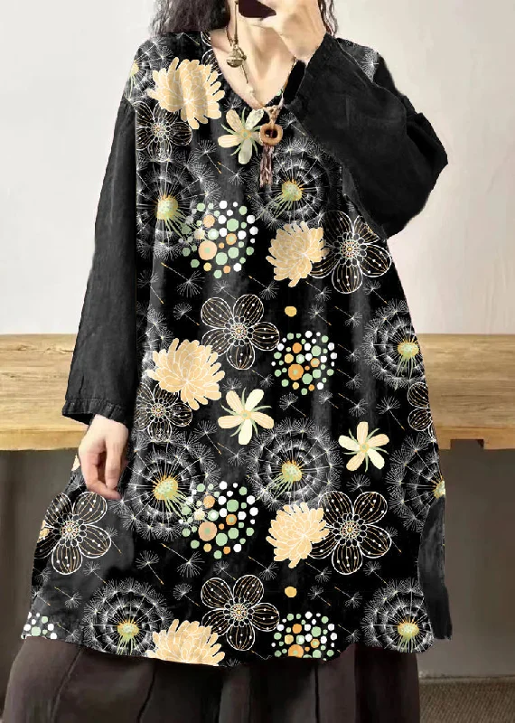 Women's Effortless Casual Outfit Vintage Black flower V Neck Embroidered Patchwork Linen Mid Dresses Fall