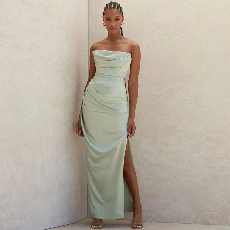 Women's Trendy Casual Outfit Cowl Neck Strapless Slit Maxi Evening Dress - Green