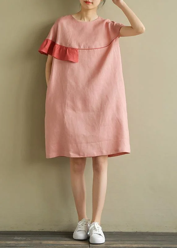 Women's Evening Wear Outfit Italian pink linen Wardrobes o neck patchwork baggy summer Dress