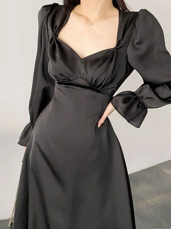 Women's Travel Outfit Set Satin Puff Sleeve Midi Dress