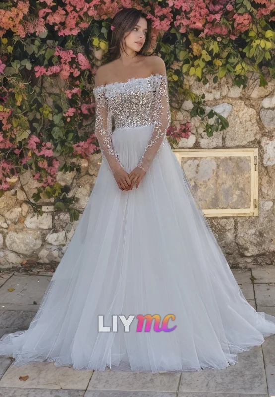 Women's Tailored Outfit LW090 - A Line Off Shoulder Long Sleeves Appliqued Sequins Tulle Long Wedding Dress