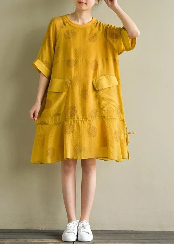 Women's Romantic Outfit French yellow dotted linen chiffon blended dresses o neck drawstring baggy summer Dress