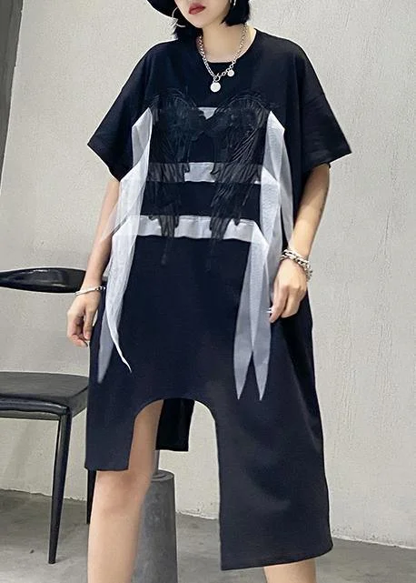 Women's Fashionable Attire For Work Simple black quilting clothes o neck asymmetric Art summer Dresses