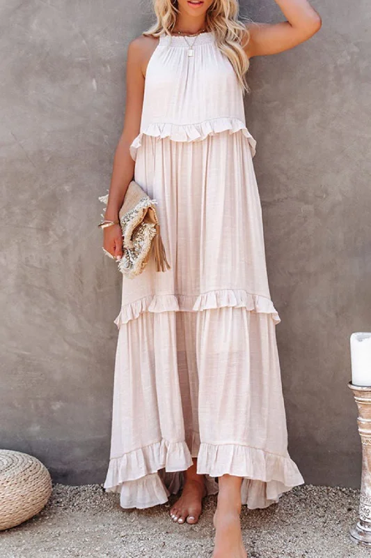 Timeless Women's Outfit Halter Sleeveless Pleated Tiered Maxi Dress