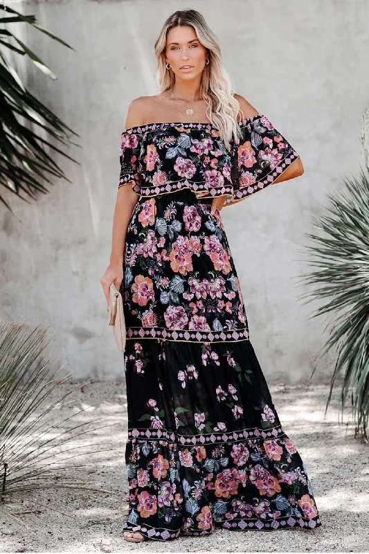 Women's Everyday Garments Off Shoulder Floral Print Tiered Maxi Dress