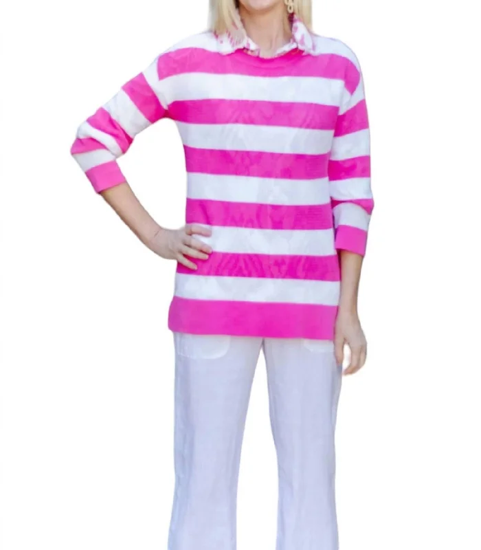 Women's Work Outfit For The Office Striped Crew Sweater In Pink