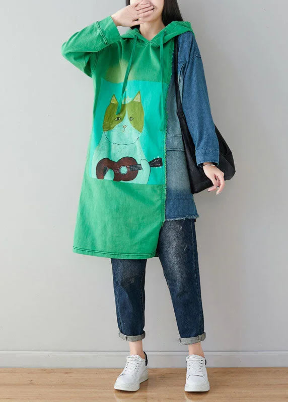 Women's Chic Outerwear Garments Green Patchwork Cotton Pullover Sweatshirt Dress Hooded Cartoon Print Spring